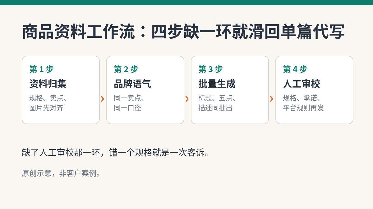 商品资料工作流：资料归集、品牌语气、批量生成、人工审校（示意）