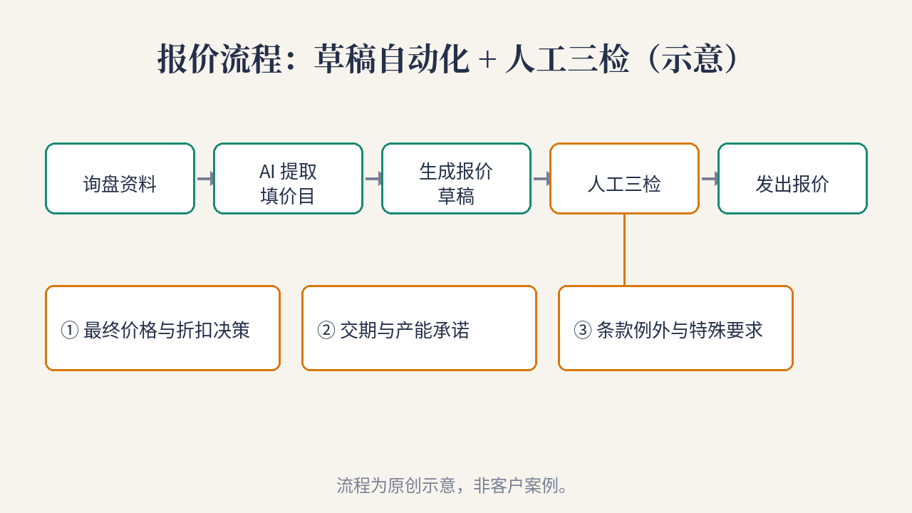 报价流程:草稿自动化 + 人工三检(示意)