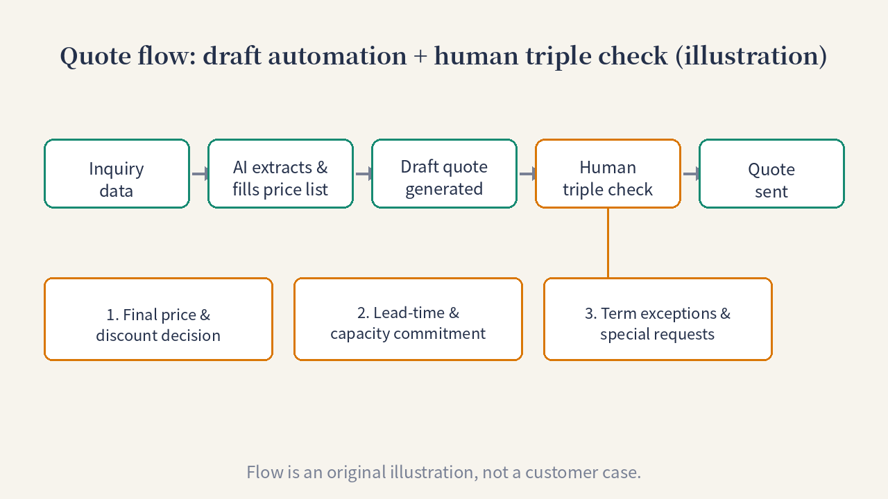 Quote flow: draft automation + human triple check (illustration)